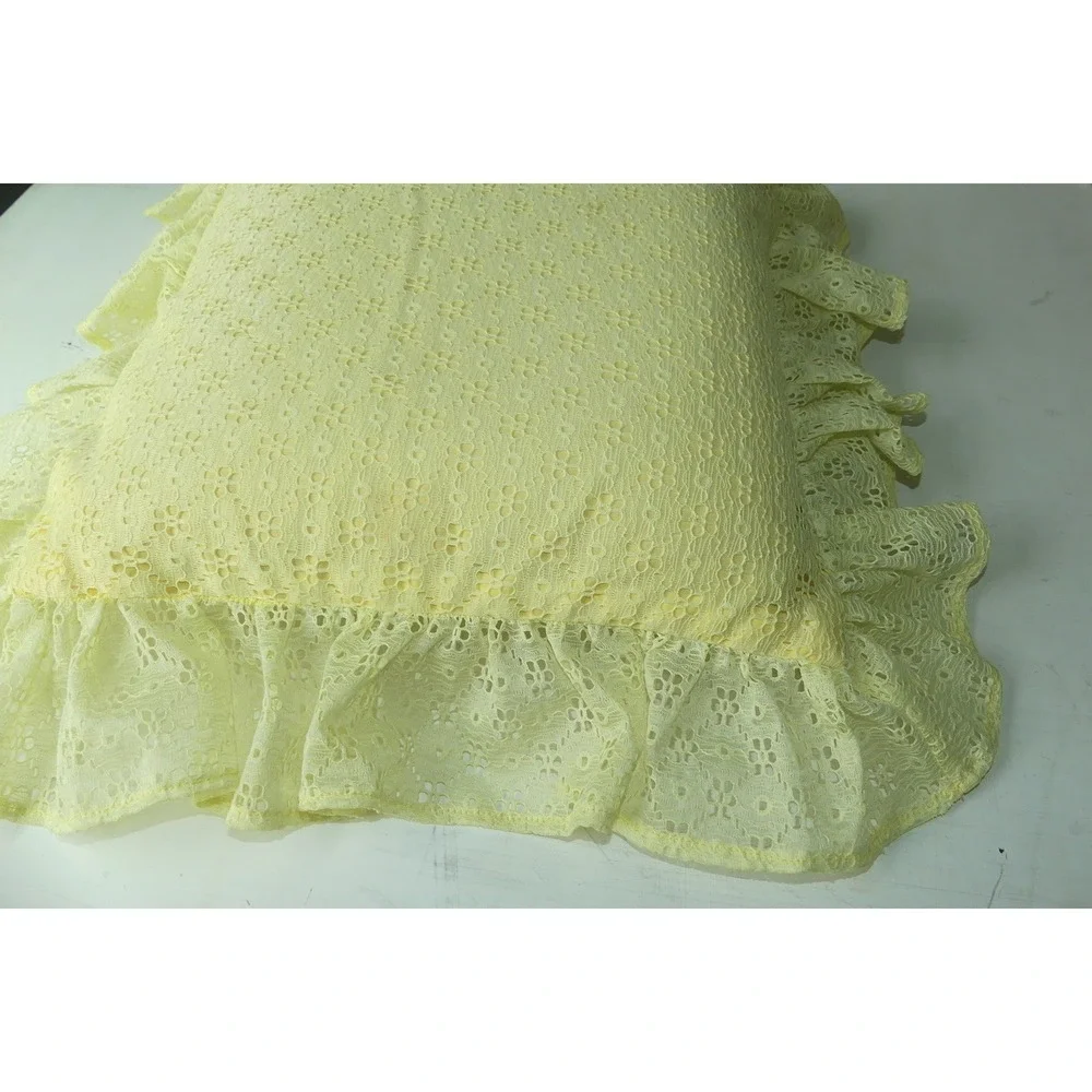 Vintage Yellow Eyelet Lace Ruffle Throw Pillow Decorative Cottagecore Pastel